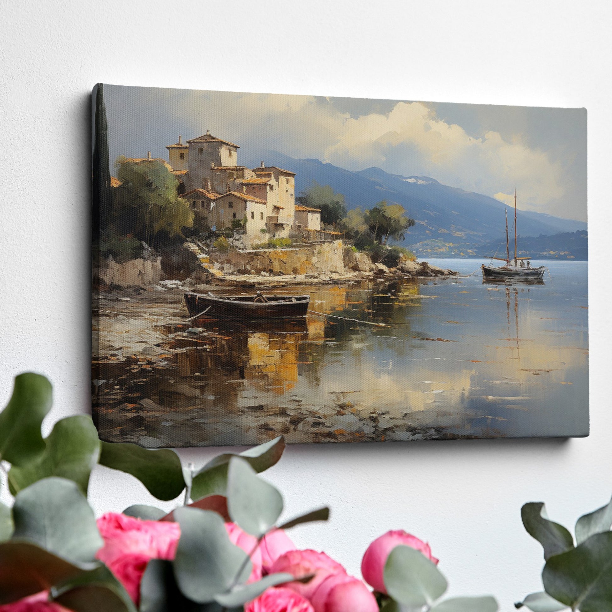 Framed canvas print of a Mediterranean coastal village with boats and serene sea reflections