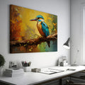 Framed canvas print of a vibrant, colourful impressionistic kingfisher perched on a branch