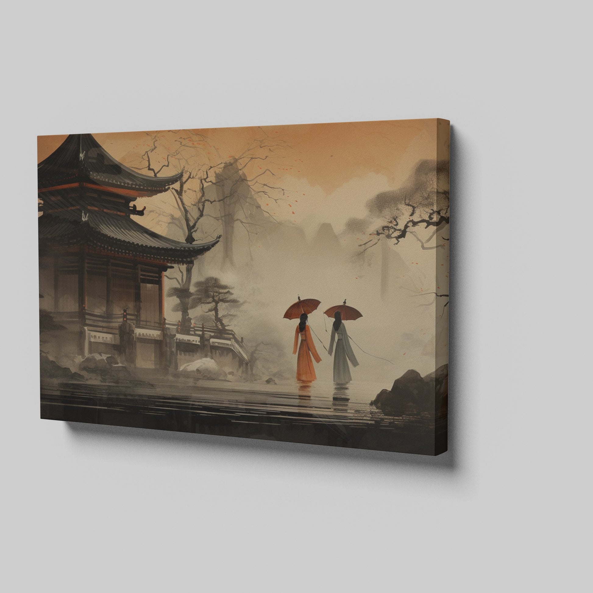 Framed canvas print of serene oriental pagoda scene with misty mountains and figures with umbrellas