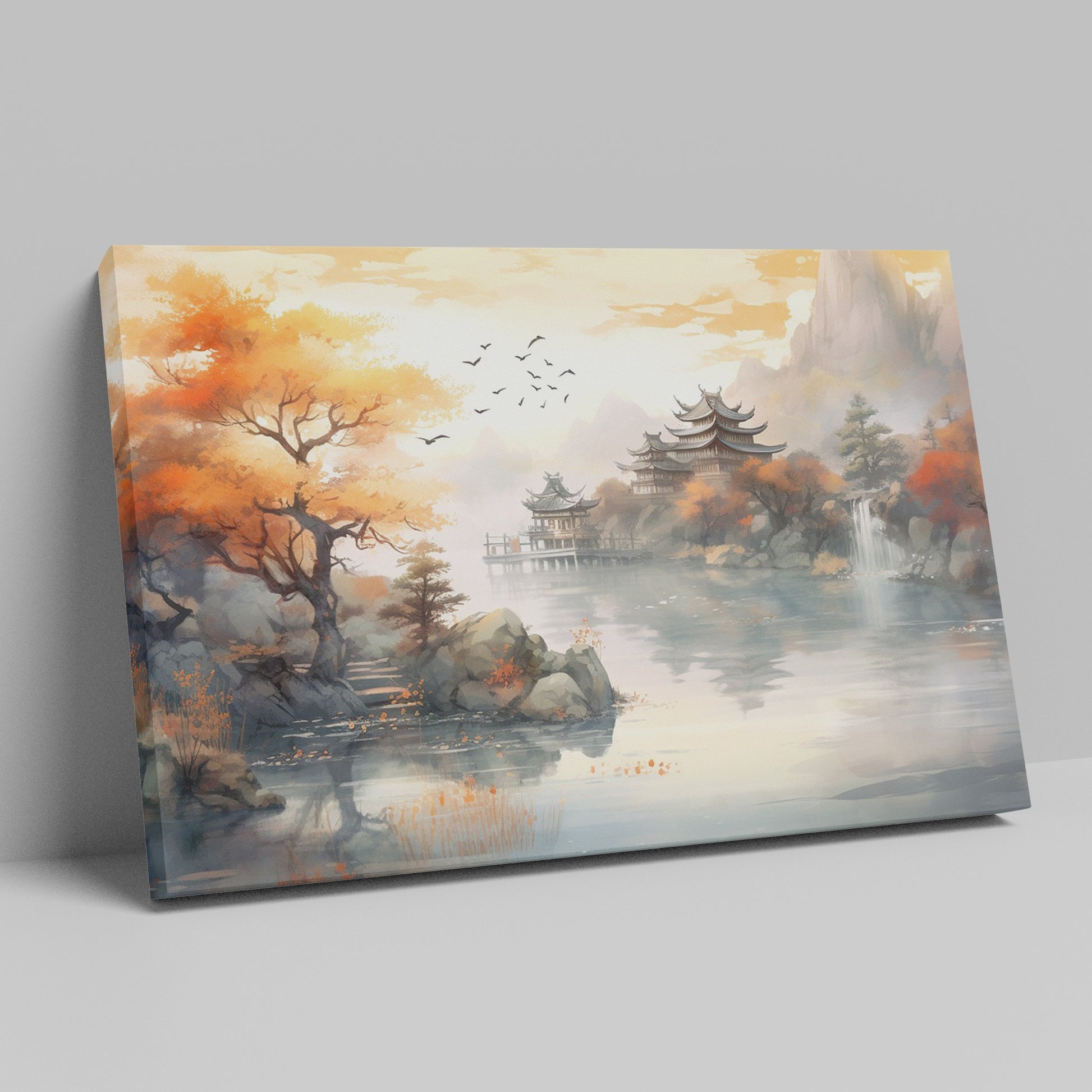 Framed canvas print of an Asian-inspired scene featuring traditional Chinese pagodas amid autumnal trees by a misty lake with a waterfall