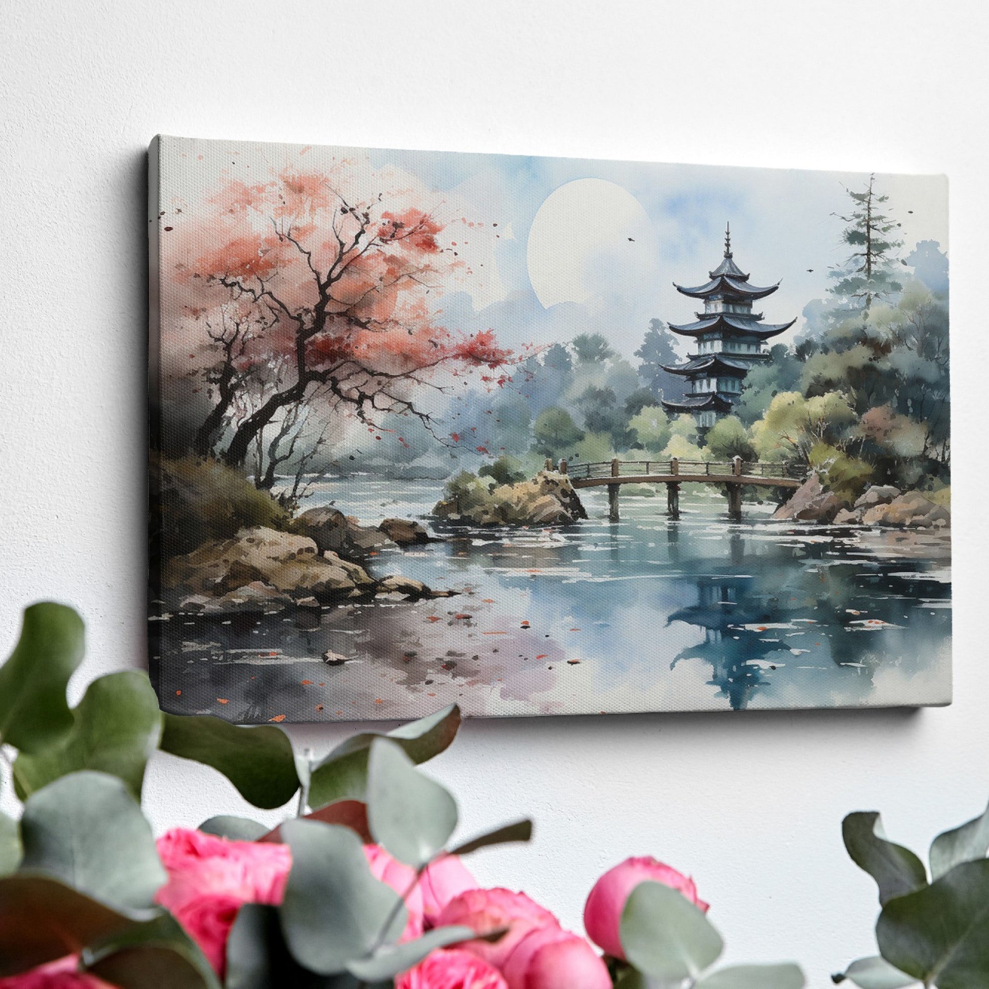 Framed canvas print of a traditional Asian pagoda by a lake with autumn cherry blossoms