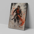 Framed canvas print of a dynamic Samurai warrior in watercolour style with vibrant red accents