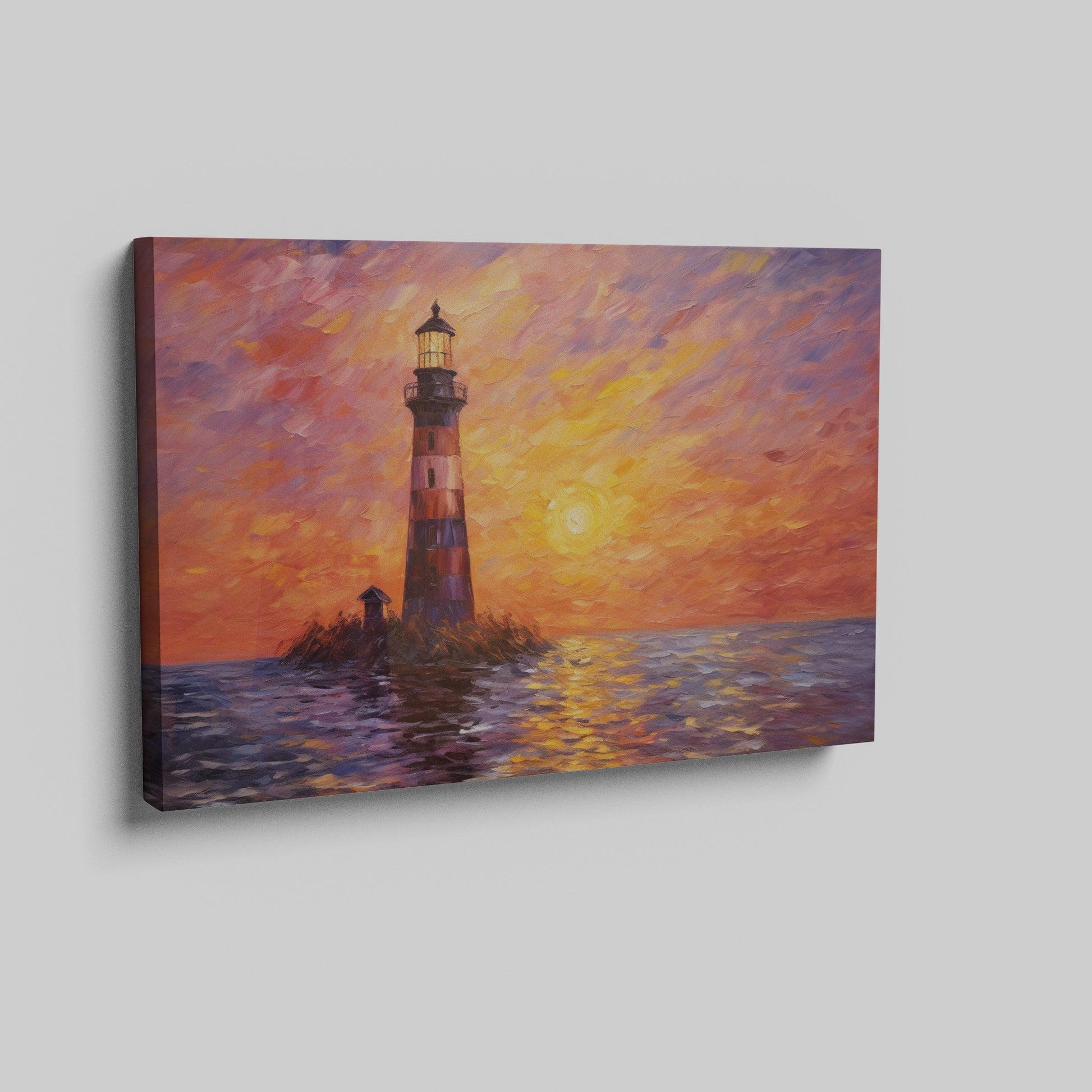 Impressionistic painting of a lighthouse at sunset with orange sky and blue sea