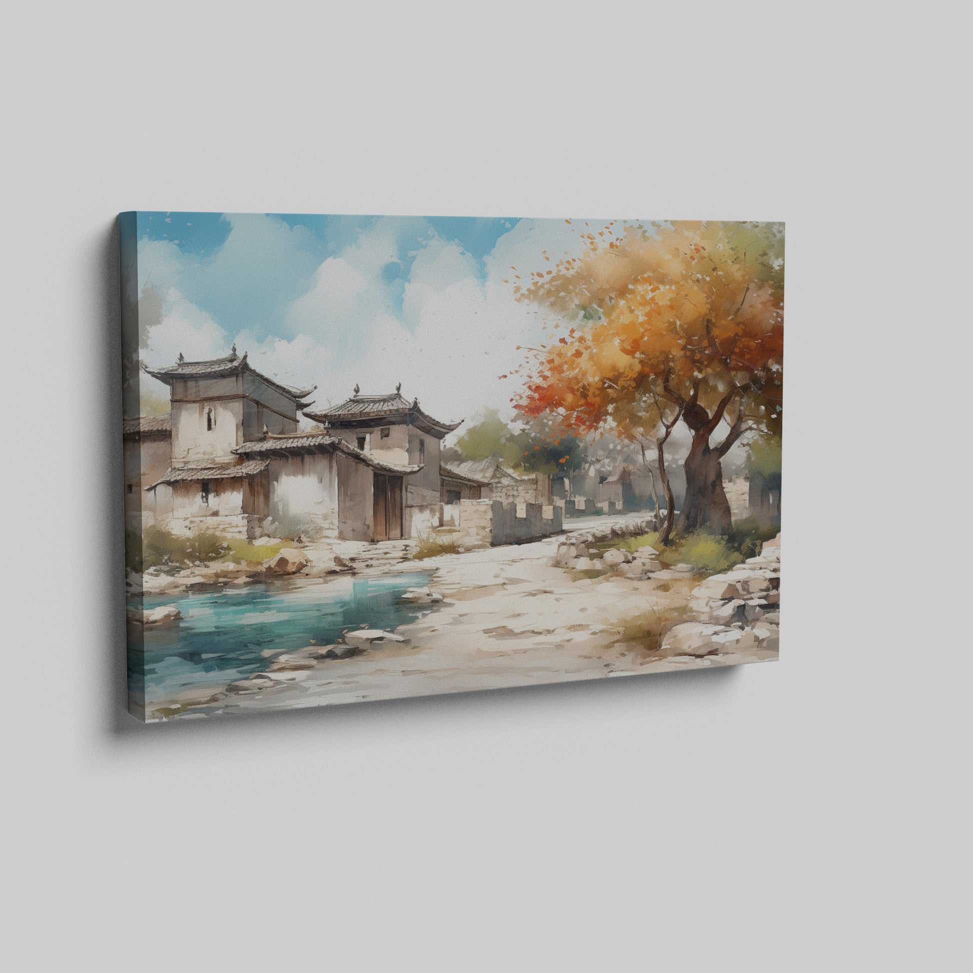 Framed canvas print of an impressionist style Oriental village scene with autumnal trees and traditional architecture