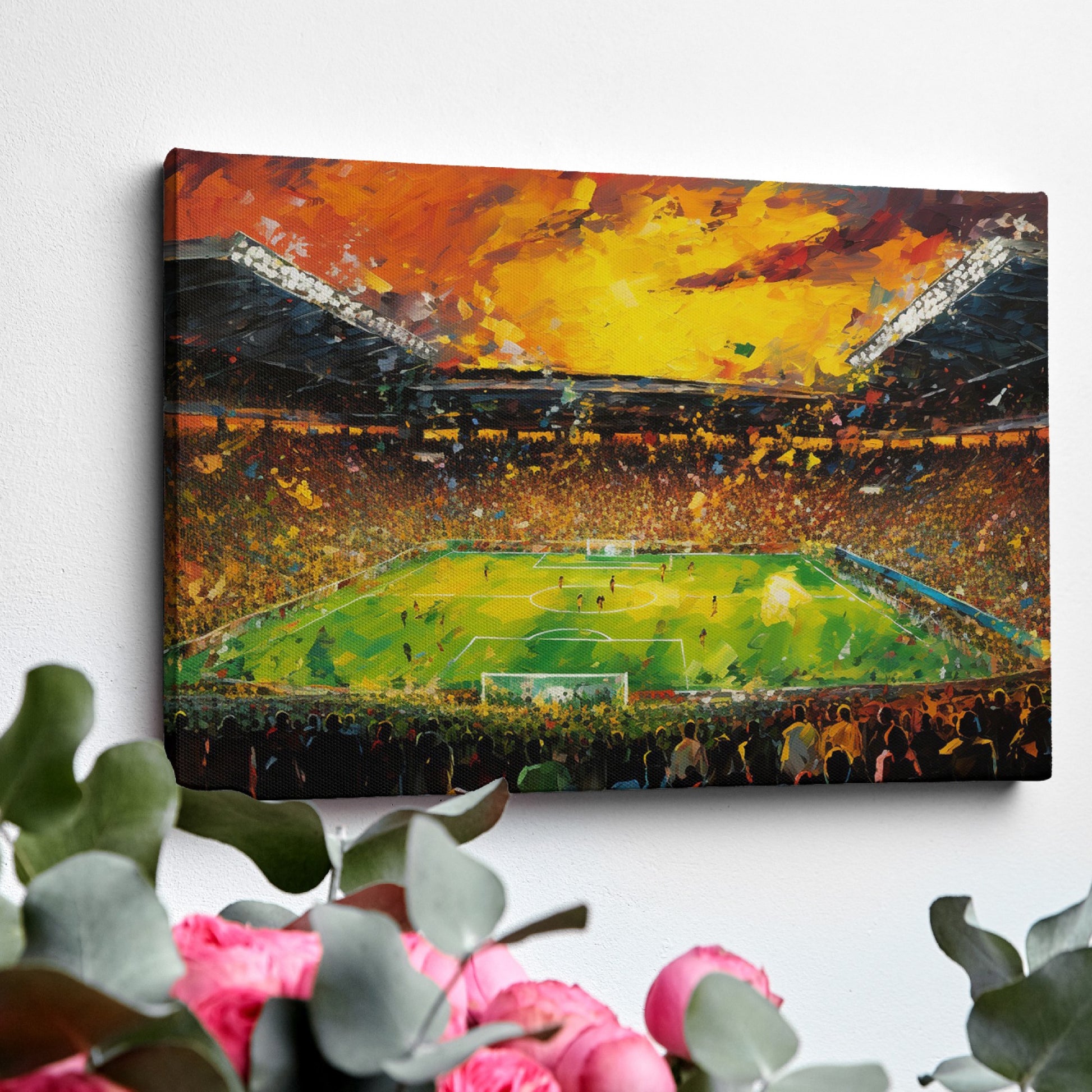 Framed canvas print of an abstract vibrant football stadium scene