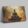 Framed canvas print of a meditative Buddha in a serene forest setting with warm, fiery orange hues