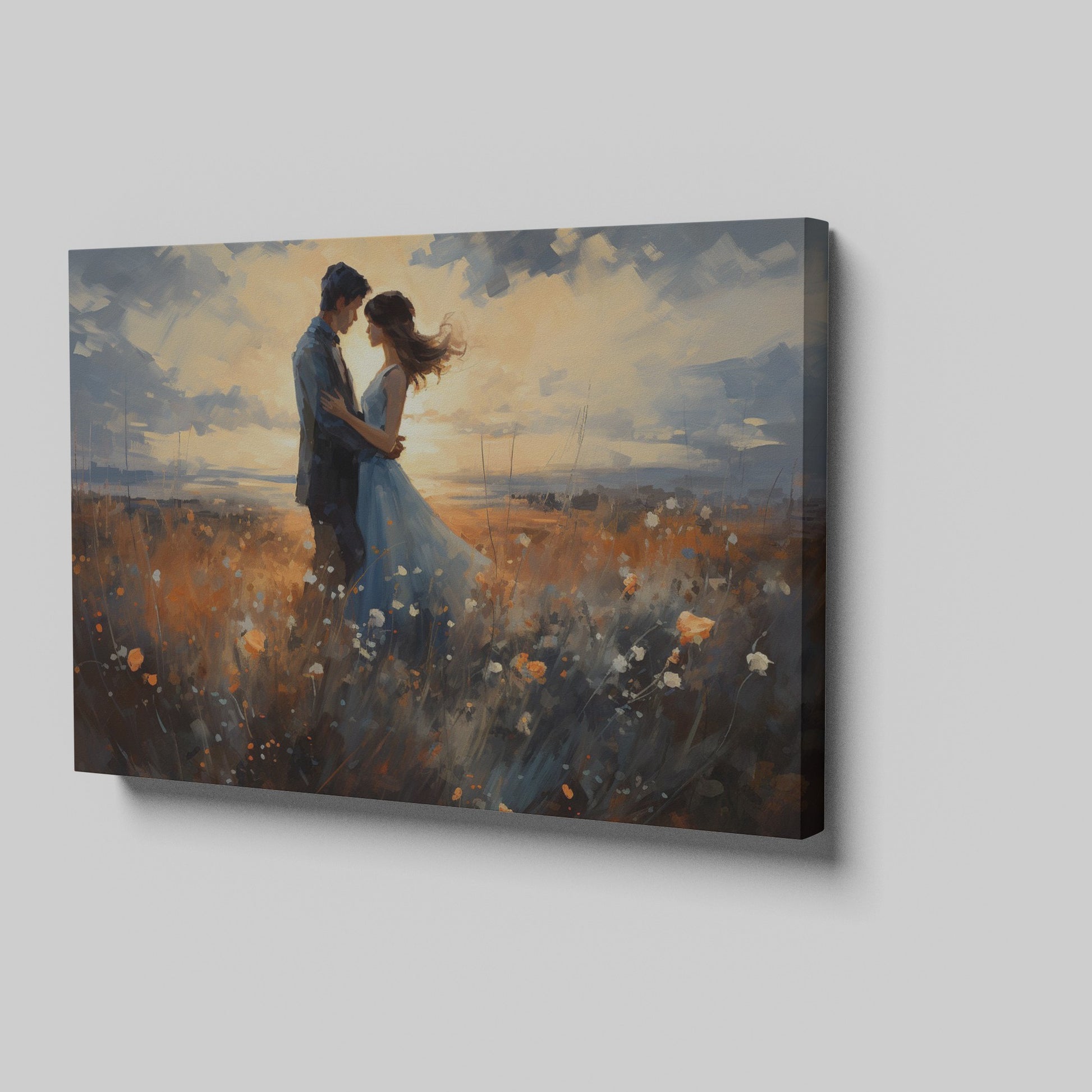 Framed canvas print of a couple embracing in a field at sunset with vibrant colours