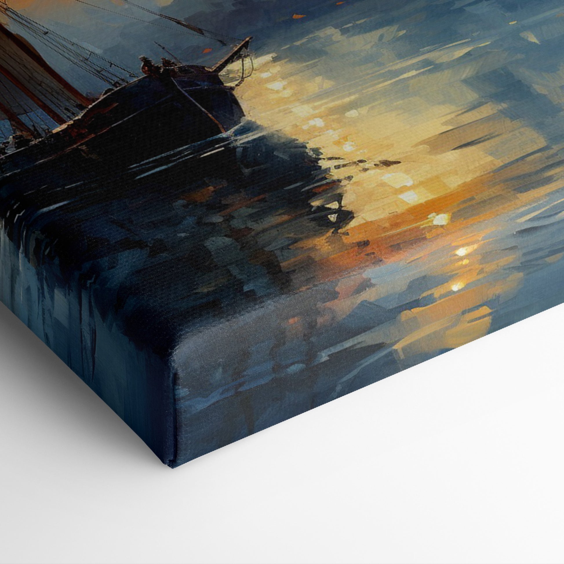 Impressionist Canvas Print of a Sailing Ship at Sunset with Golden and Blue Hues