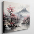 Framed canvas print of Asian landscape with cherry blossoms and misty mountain scenery