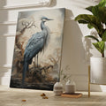 Framed canvas print of a heron standing in a mystical foggy landscape with autumnal trees