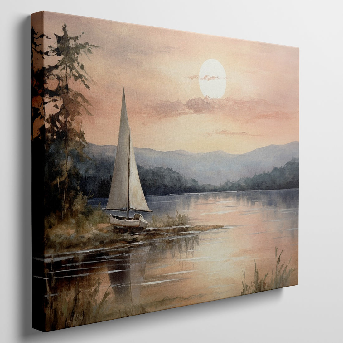 Painting of a sailboat on a tranquil lake with pine trees and a stunning sunset in warm tones