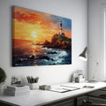 Framed canvas print of a sunset seascape with a lighthouse on a cliff