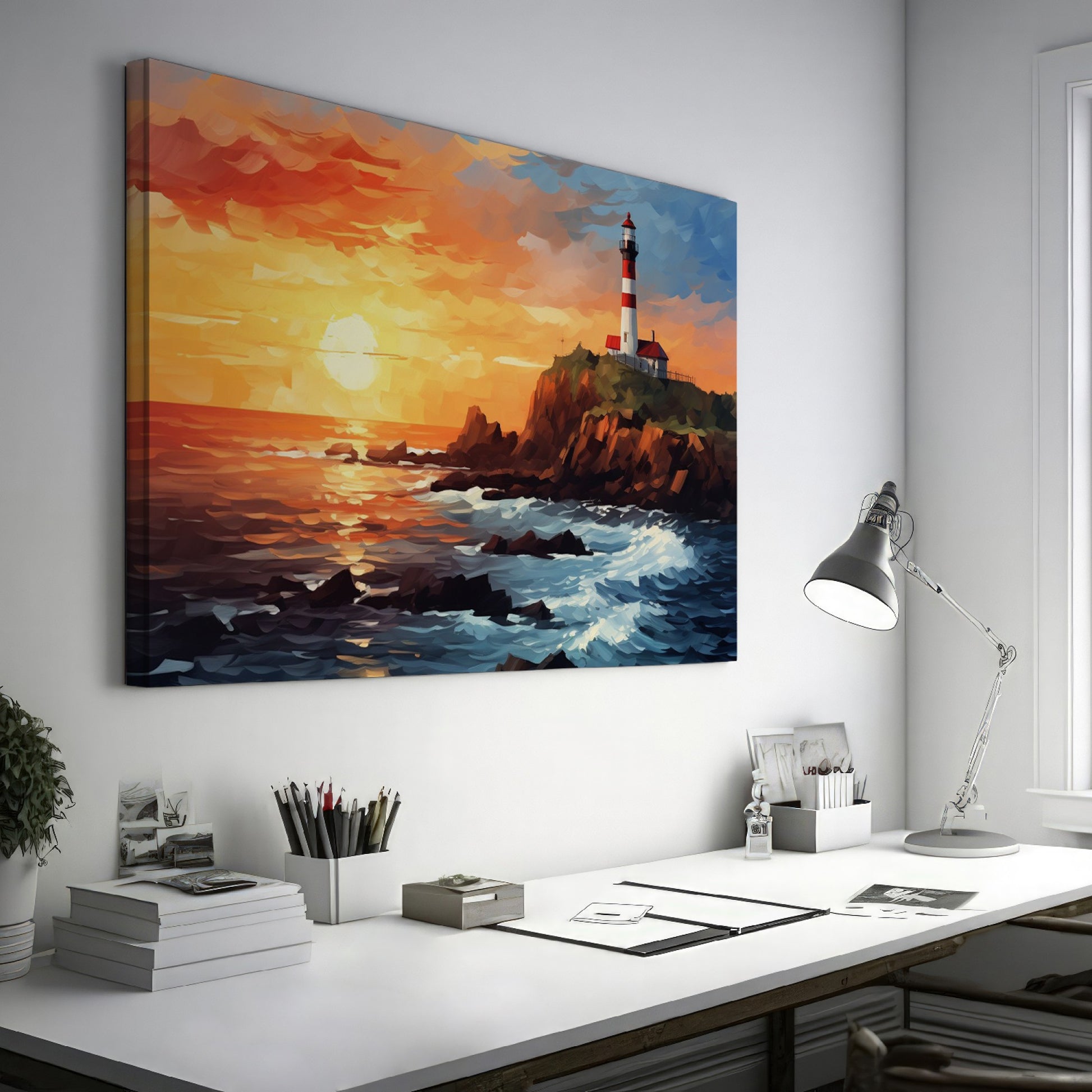 Framed canvas print of a sunset seascape with a lighthouse on a cliff