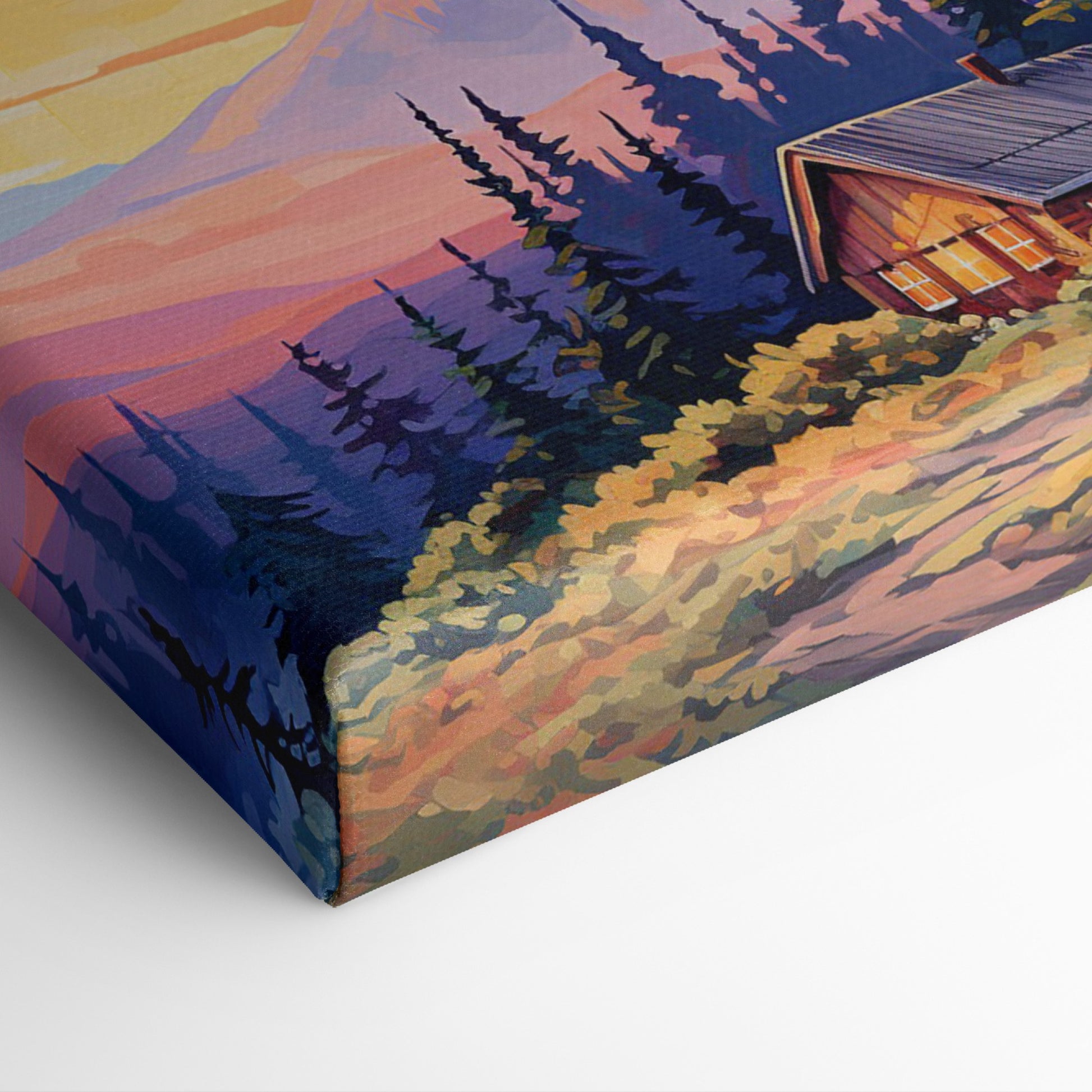 Framed canvas print of a colorful rustic cabin at sunset with vibrant sky and mountain background