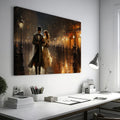 Framed canvas print of a Victorian couple on a romantic evening stroll on a rainy Paris street with warm glowing lights