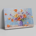 Framed canvas print of textured impasto poppies in a purple vase against a blue background