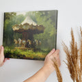 Framed canvas print of a vintage carousel in an enchanting forest setting with rich greenery and soft lighting