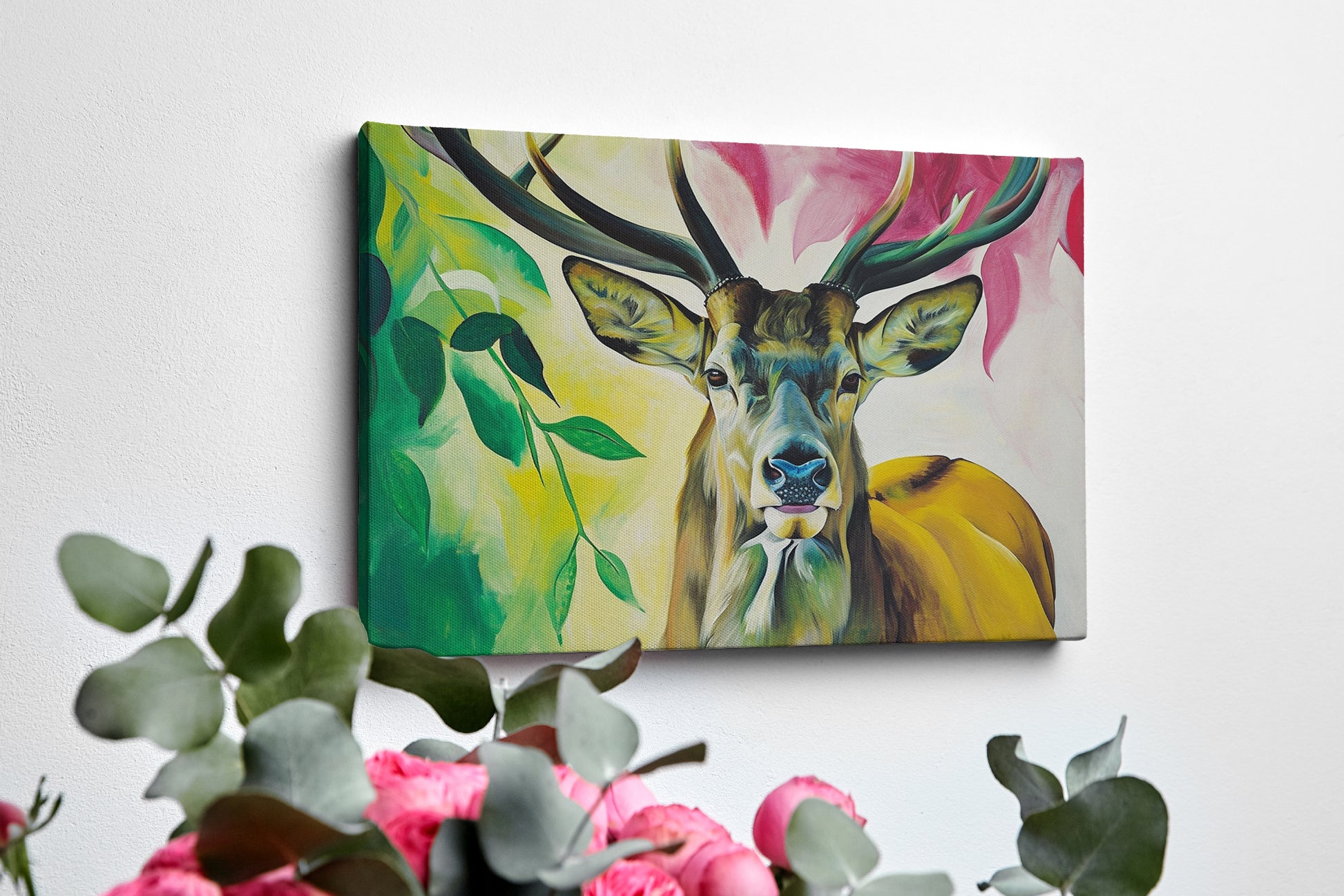 Framed canvas print of a colourful, modern artistic depiction of a stag with vibrant hues.