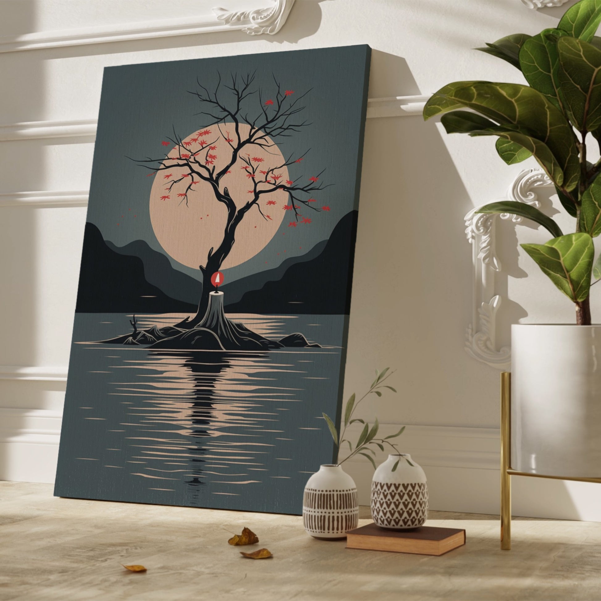 Framed canvas print of a minimalist scene with a lone tree, red leaves, and a moonlit lake