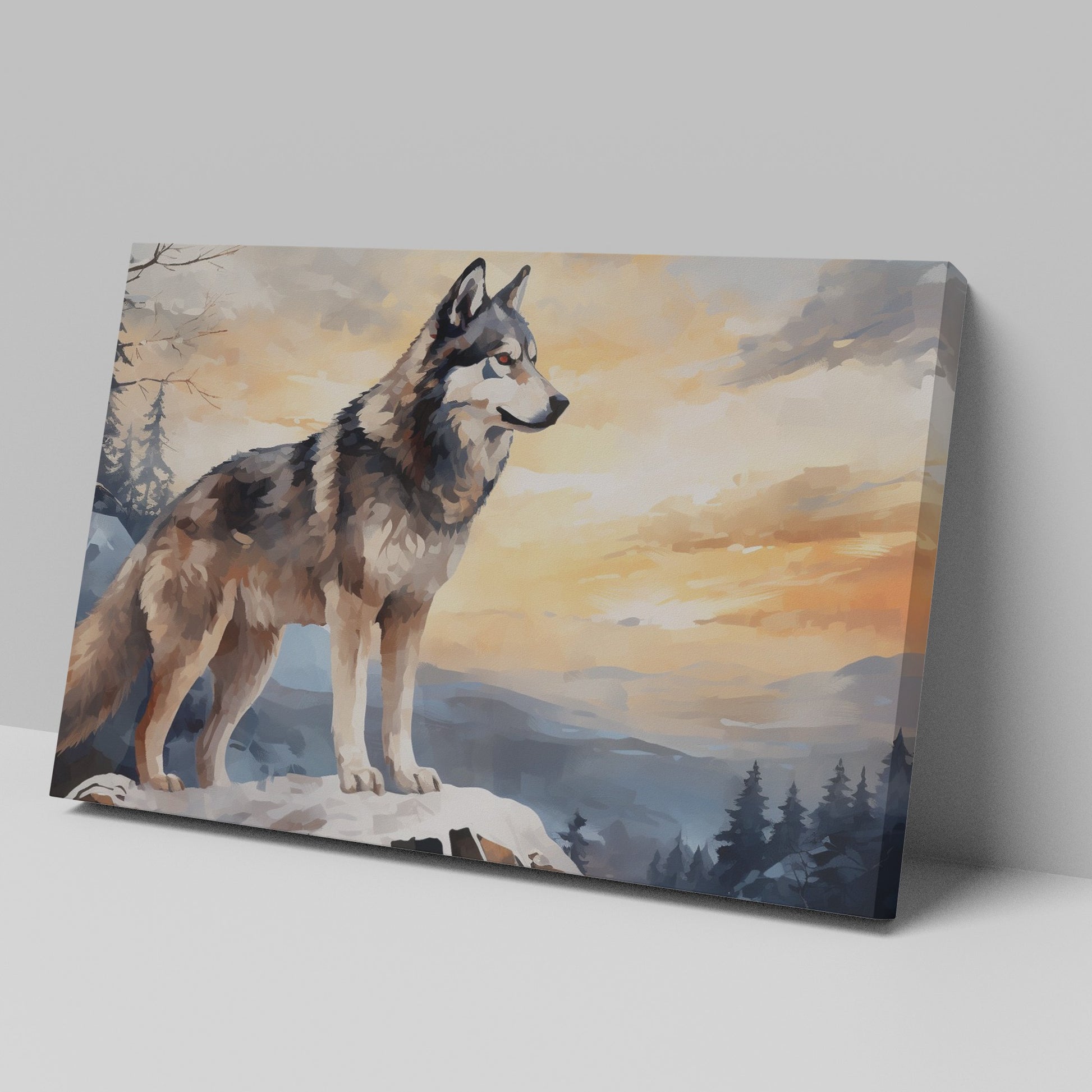 Framed canvas print of a majestic wolf overlooking a forest landscape at sunset