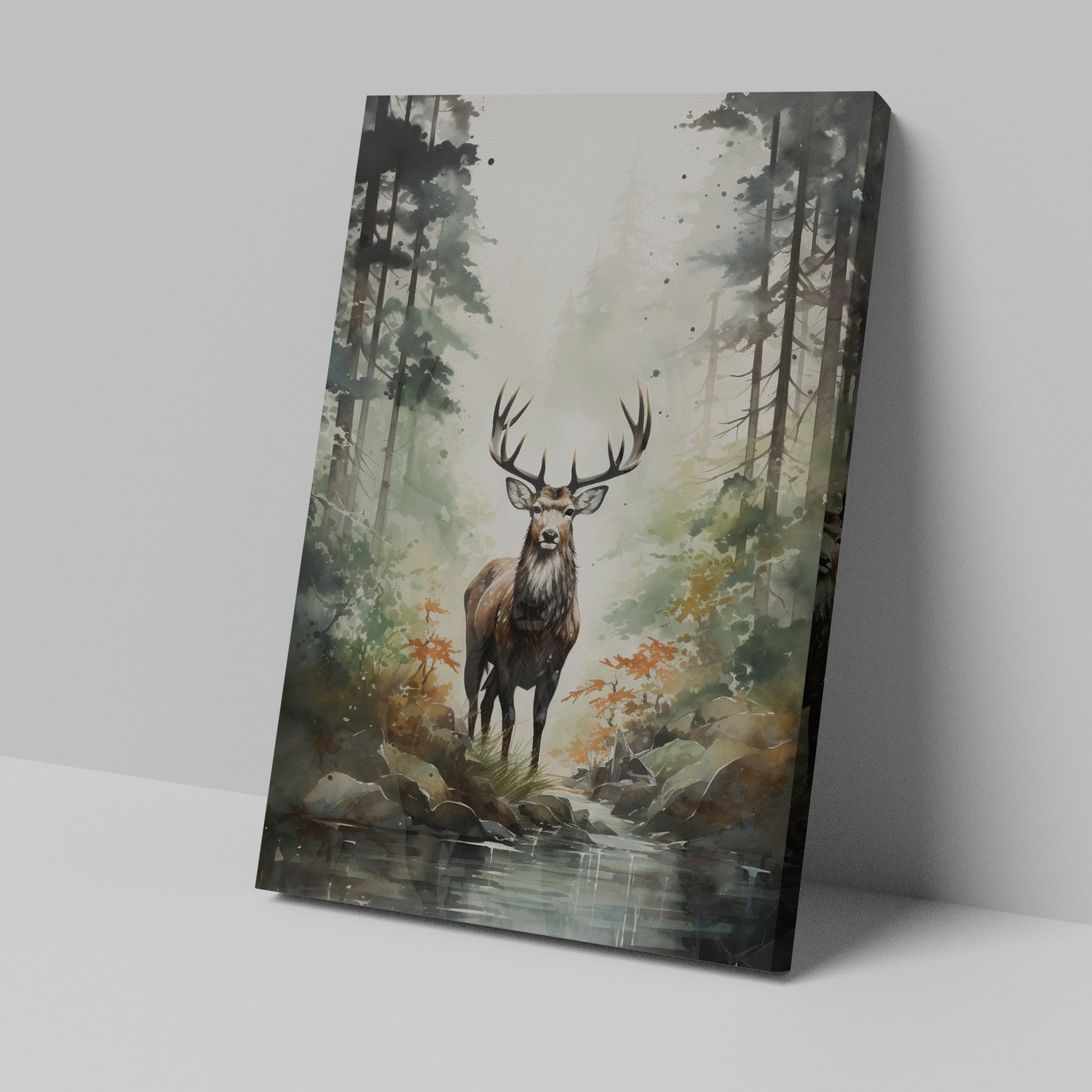 Framed canvas print of a majestic deer in a misty forest with autumnal colours