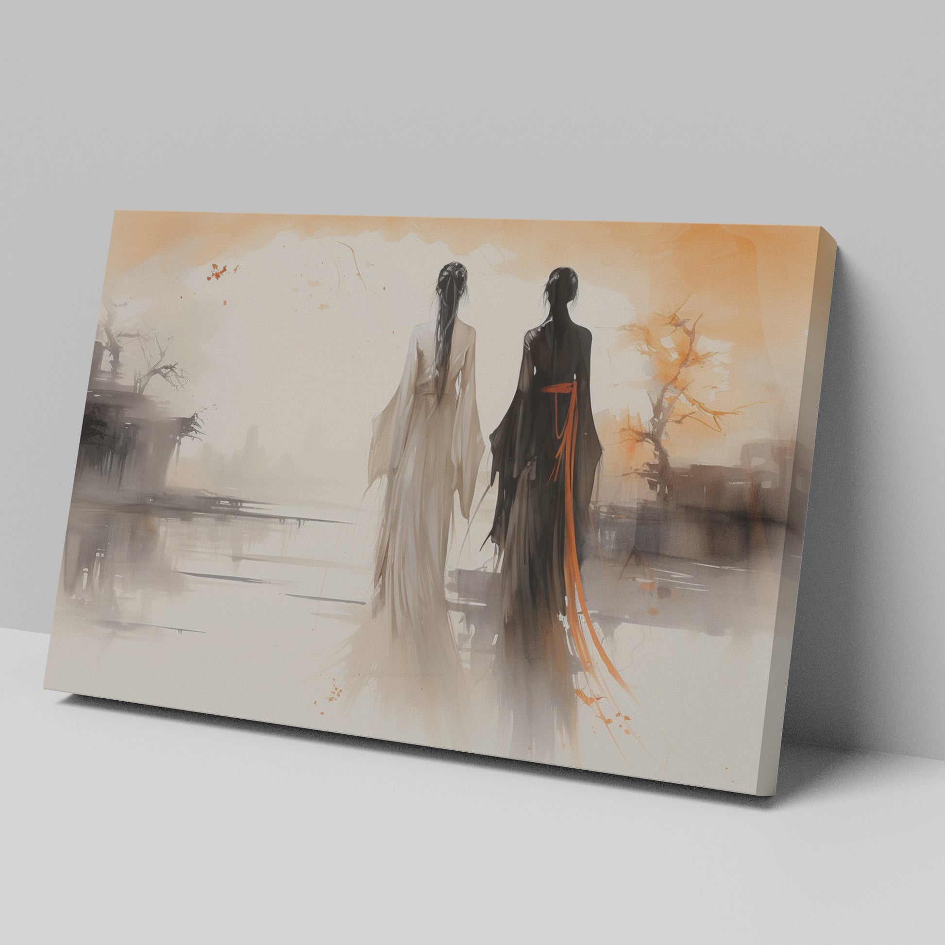 Framed canvas print of silhouette figures in traditional Asian attire with warm sunset backdrop in watercolor style