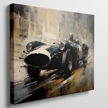 Framed canvas print of a vintage race car depicted in vibrant, artistic style