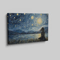 Framed canvas print of a Van Gogh-inspired starry night with a city silhouette and contemplative figure