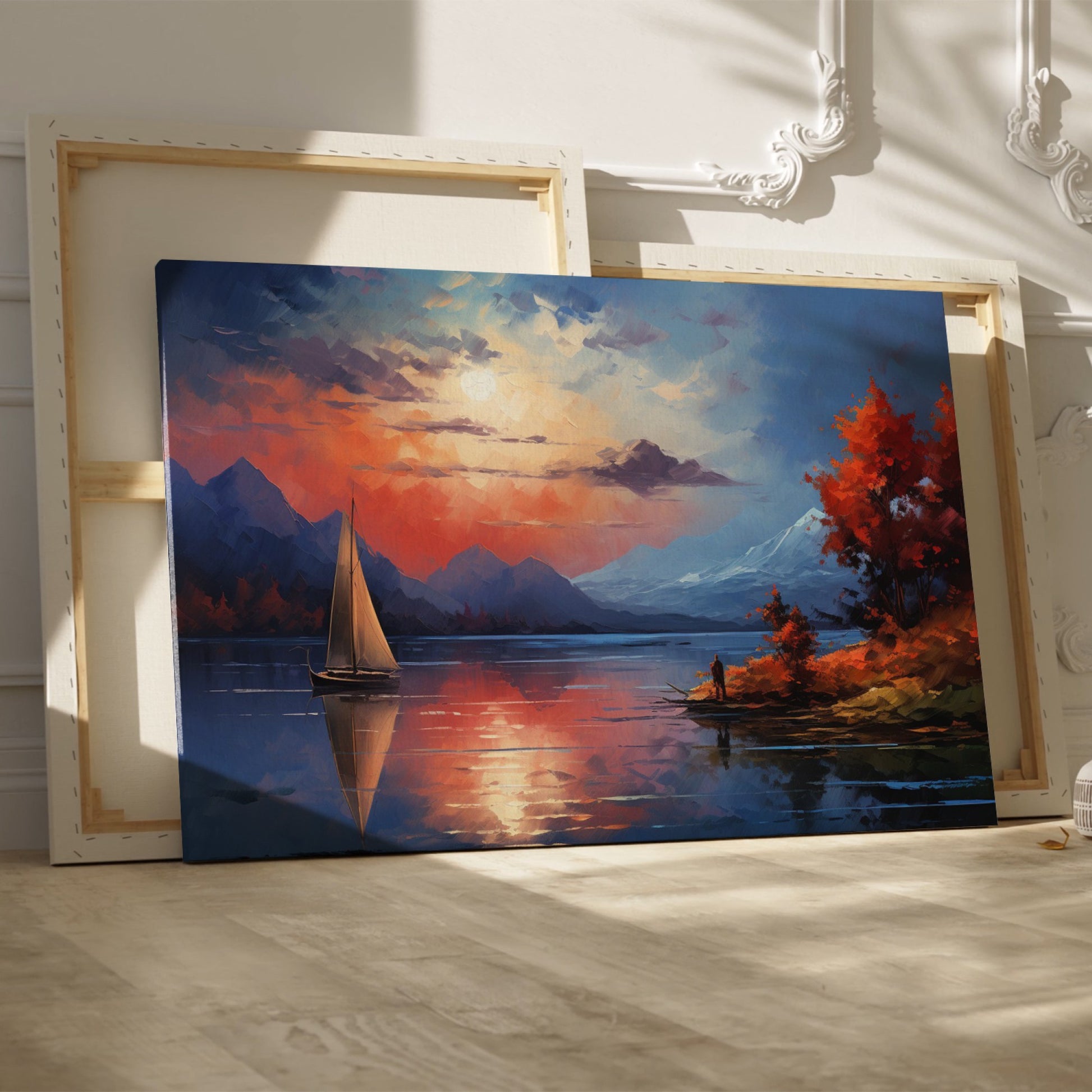 Framed canvas print of an impressionist landscape with a sailboat during sunset, featuring autumnal colours and mountain scenery