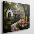 Framed canvas print of a picturesque cottage surrounded by blooming garden and shaded by trees