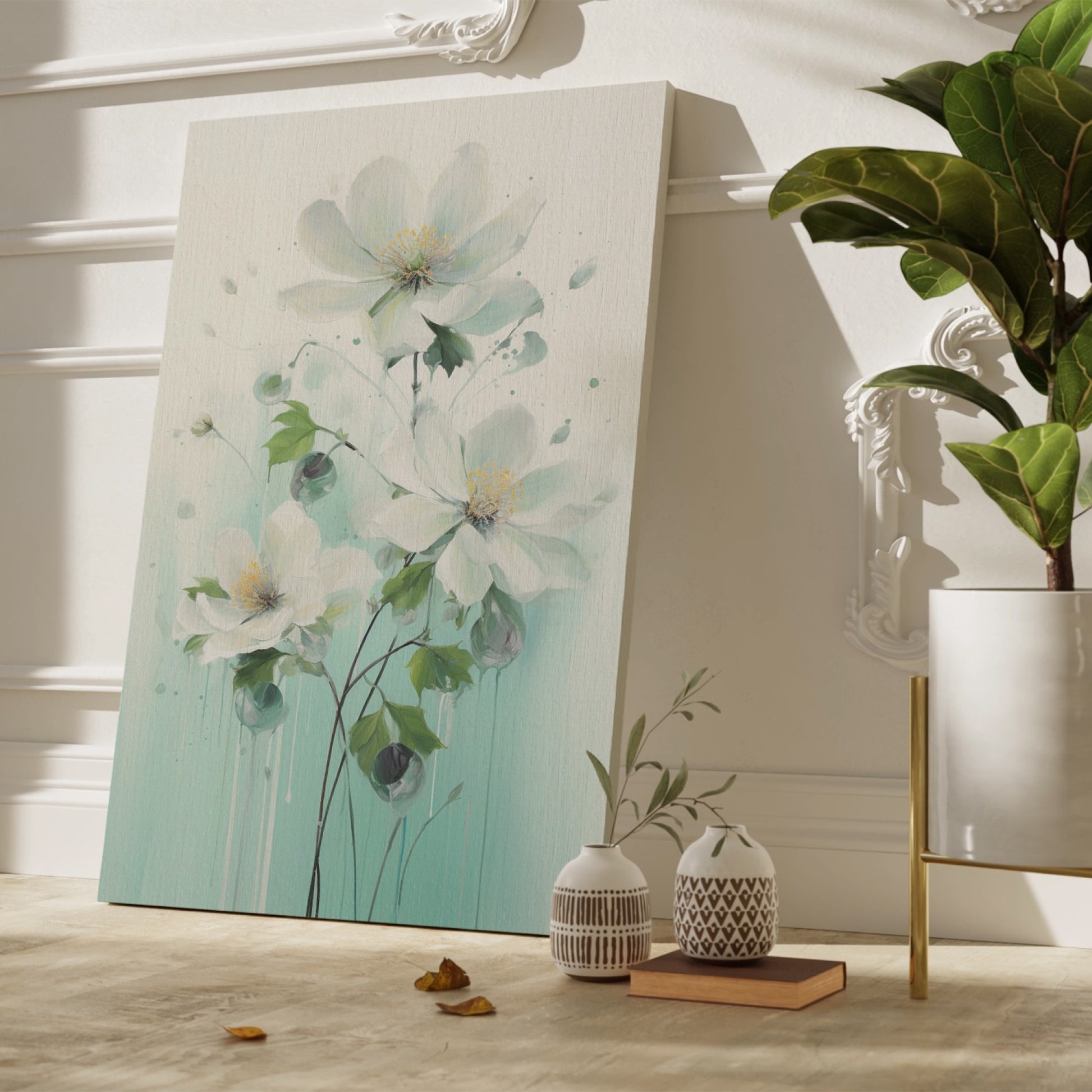 Framed canvas print of hand-painted style white flowers on a pastel background