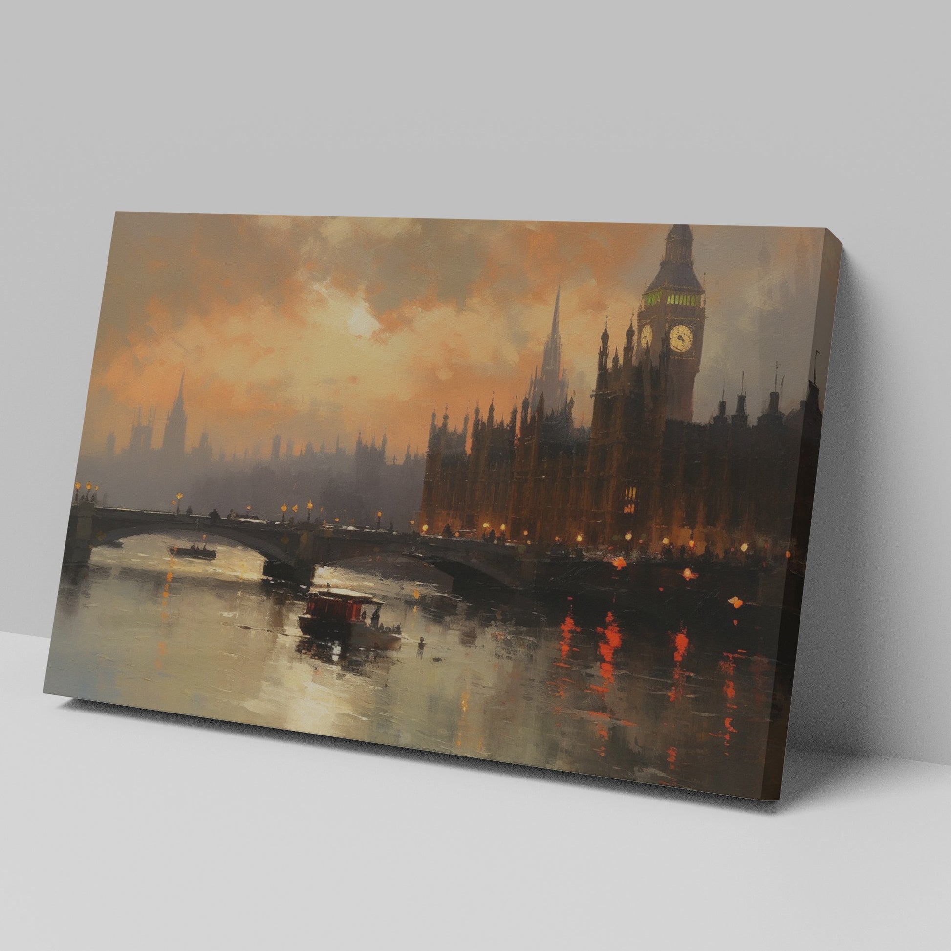 Framed canvas print of London's Westminster and Big Ben at sunset with orange and warm tones reflecting on the Thames River