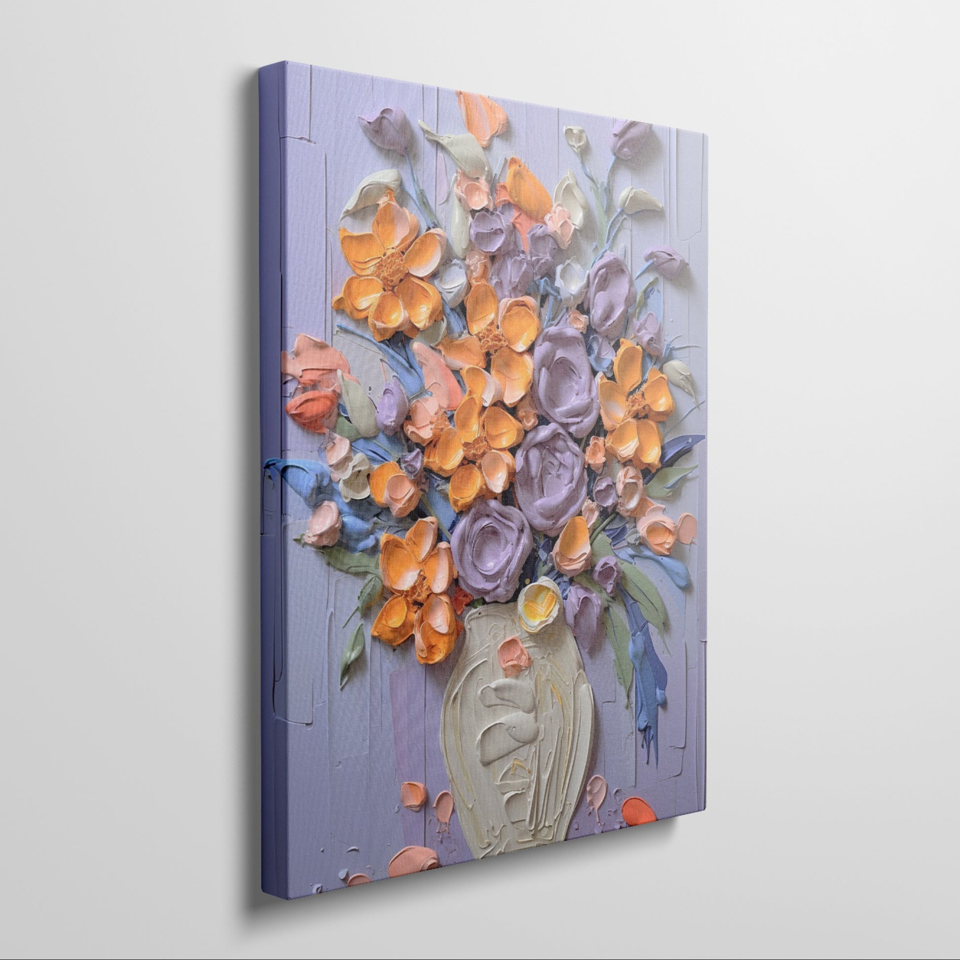 Framed canvas print of vibrant impasto-style floral bouquet with textured vase