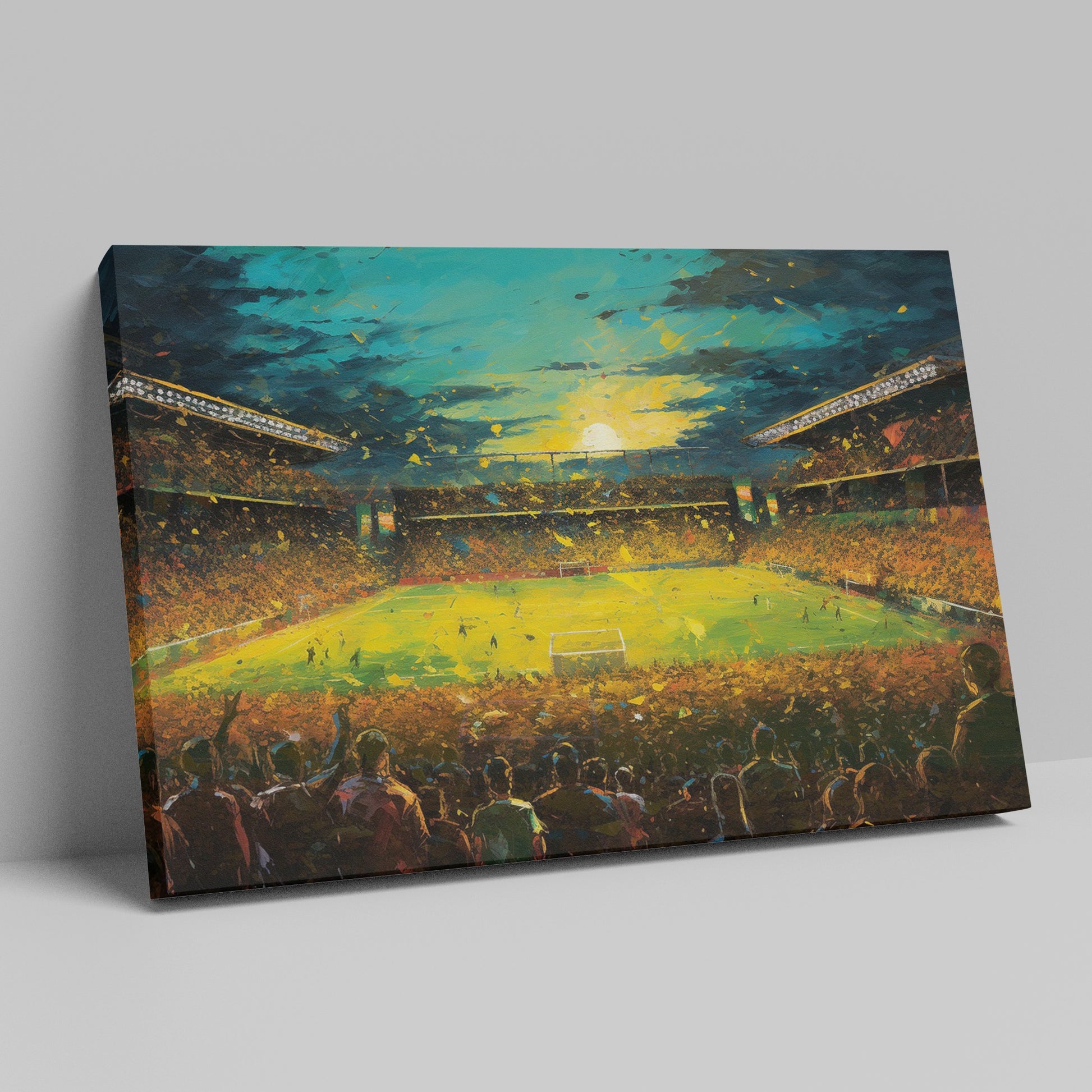 Framed canvas print of an impressionist painting capturing a football match at sunset with a cheering crowd