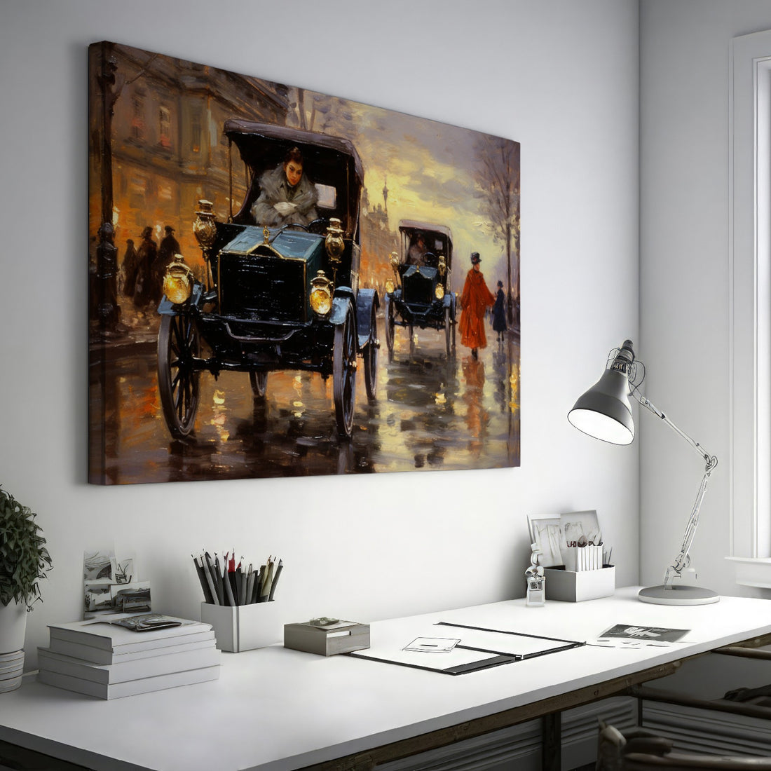 Framed canvas print of a vintage Parisian street scene with carriages and glowing lamps