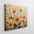 Framed canvas print of golden sunflowers and green foliage on a neutral background