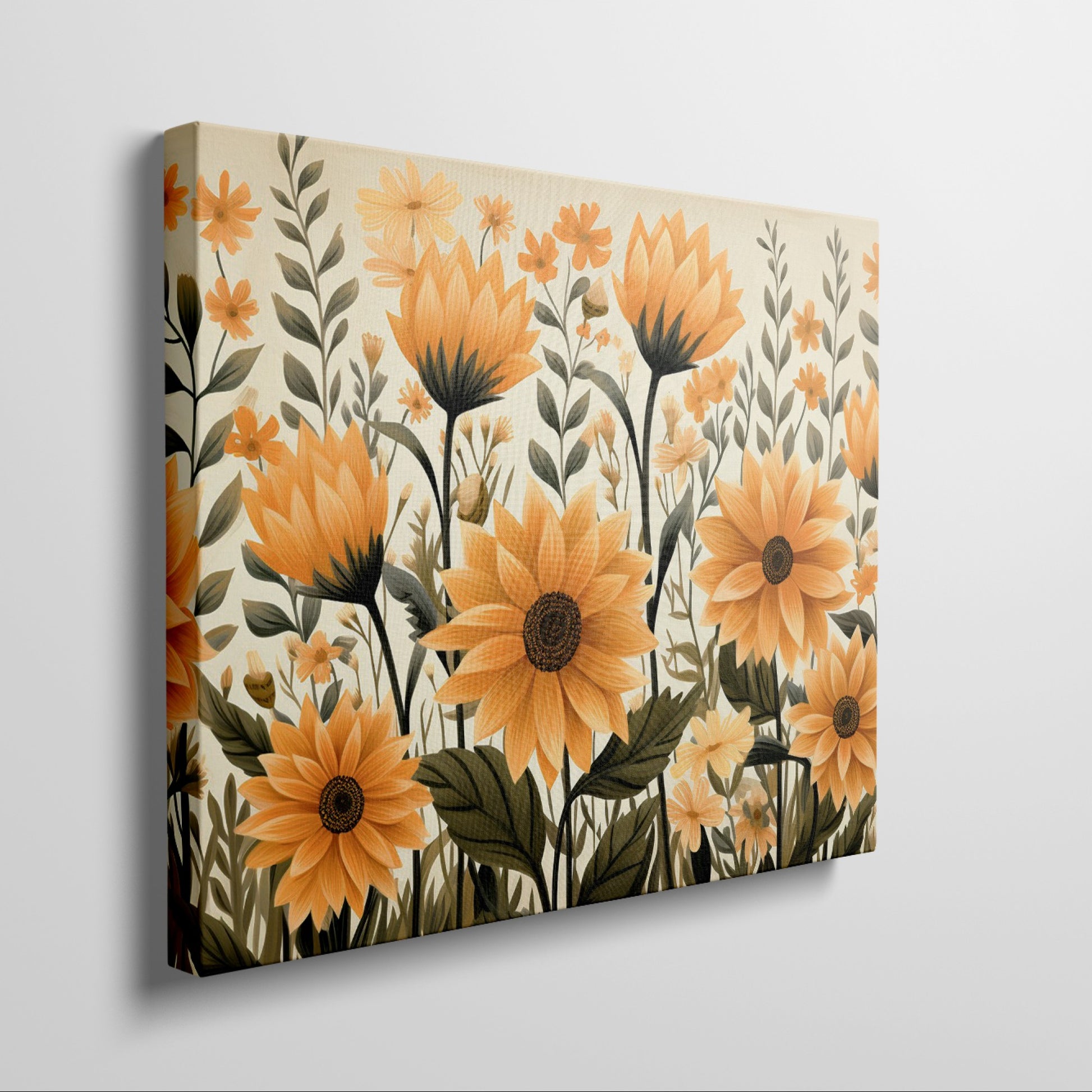 Framed canvas print of golden sunflowers and green foliage on a neutral background