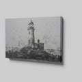 Framed canvas print of a monochrome lighthouse and seagulls on a rocky coastline