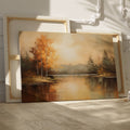 Impressionist painting of a lake with autumn trees and calm water reflections in warm golden and brown tones