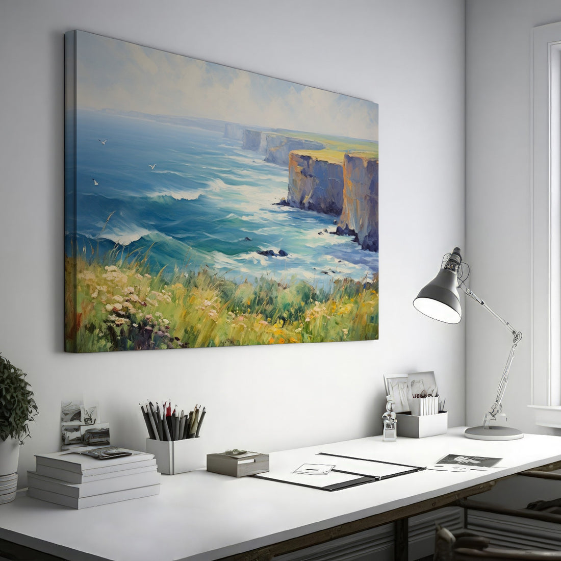 Framed canvas print of an impressionistic seascape with cliffs, wildflowers, and ocean