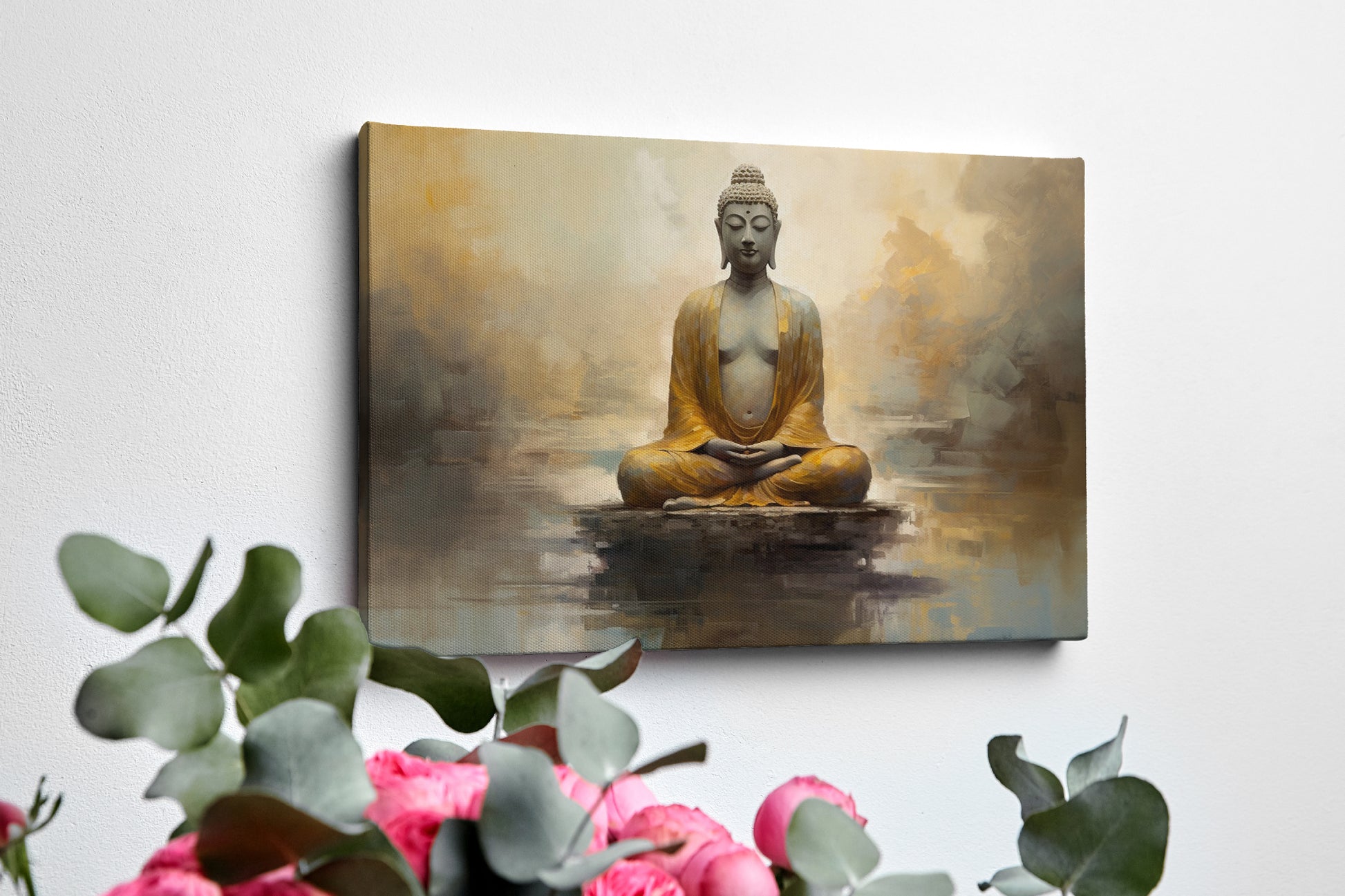 Framed canvas print of a serene Golden Buddha statue with abstract background