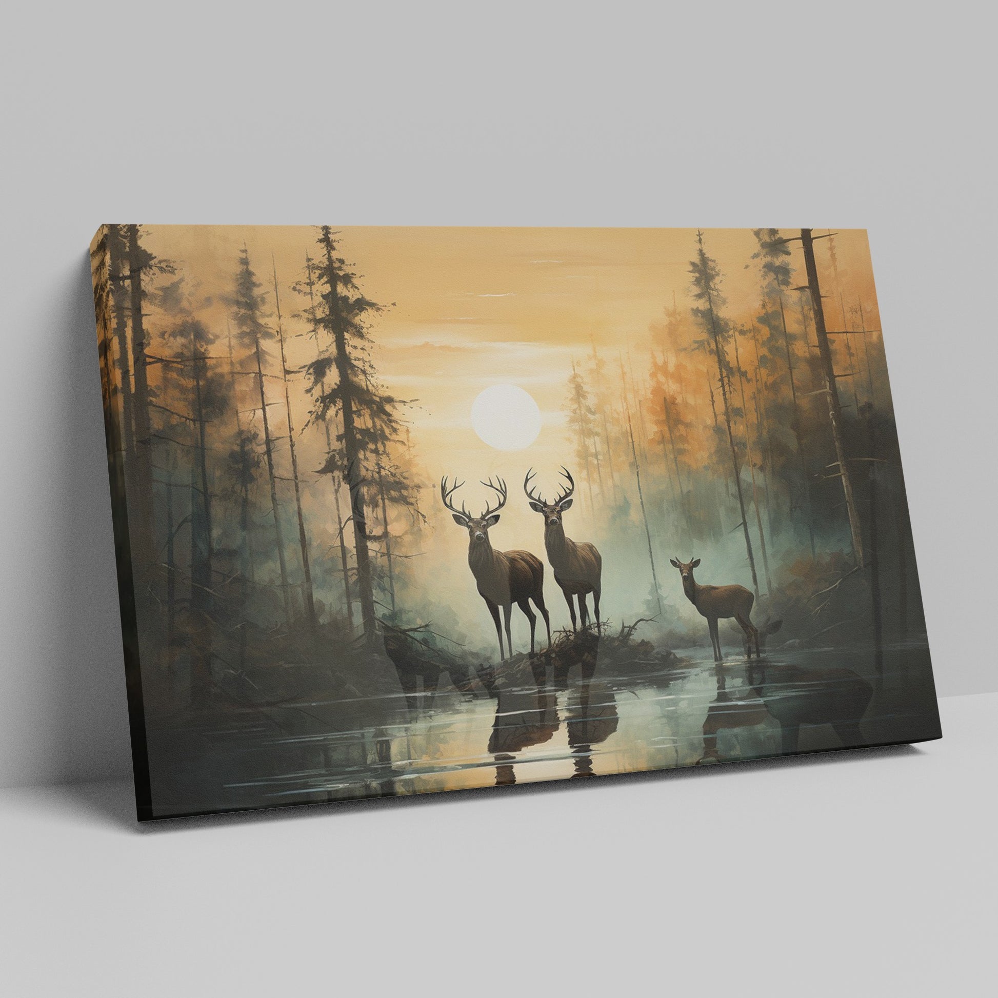 Framed canvas print of deer silhouetted against a forest sunset with reflections on water