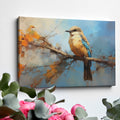 Framed canvas print of a vibrant impressionistic bird perched on a branch with abstract autumn background