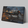 Framed canvas print of a vintage WWII fighter plane on a reflective rainy tarmac