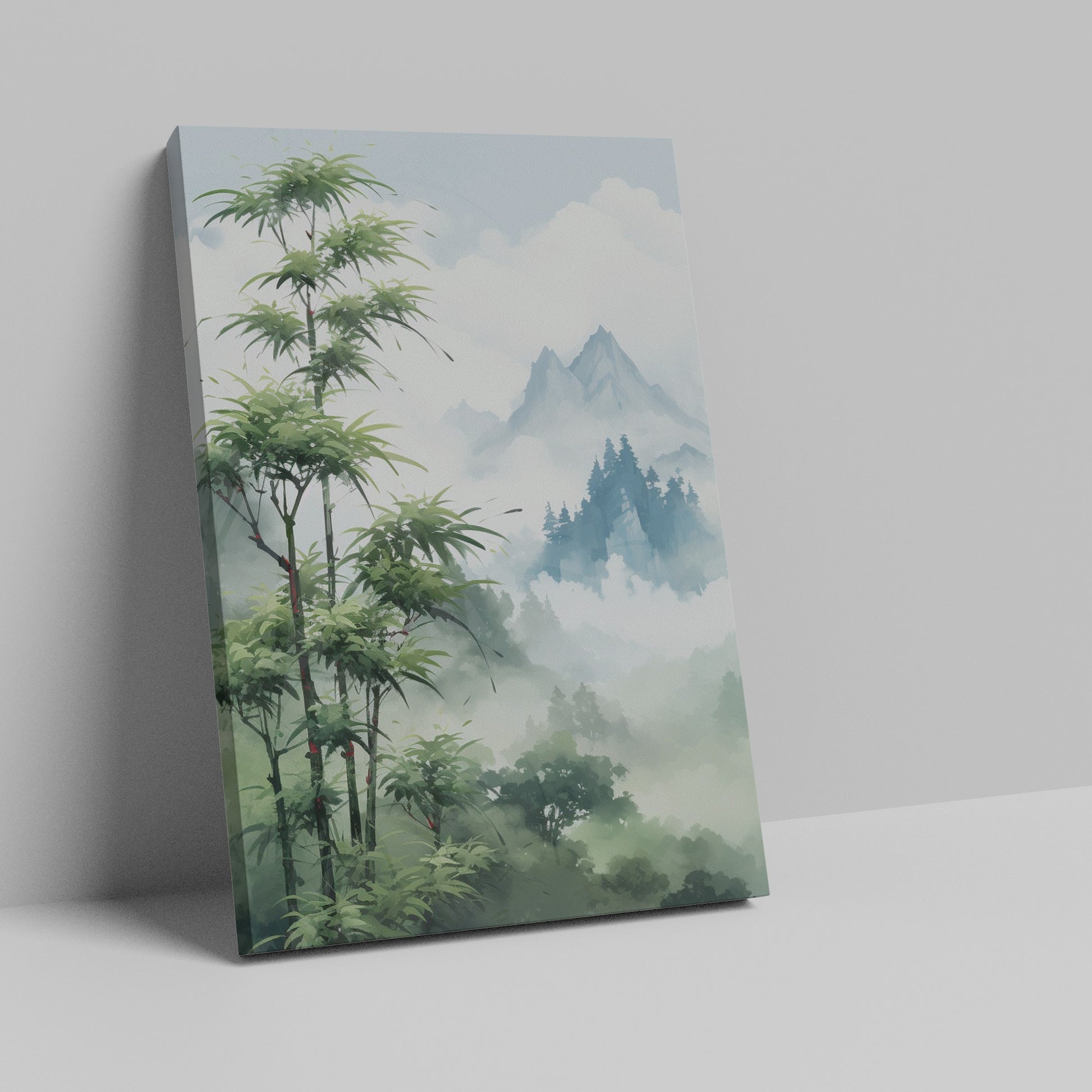 Framed canvas print of a misty bamboo forest with mountain peaks in the background