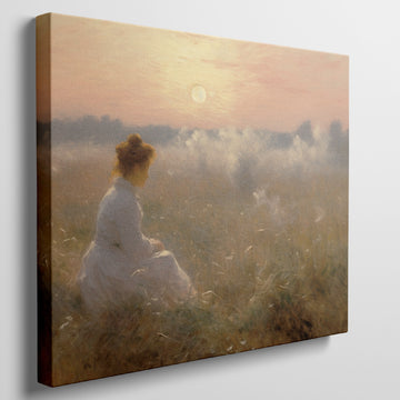 Framed canvas print of a woman in a white dress gazing at a misty sunrise over a golden field