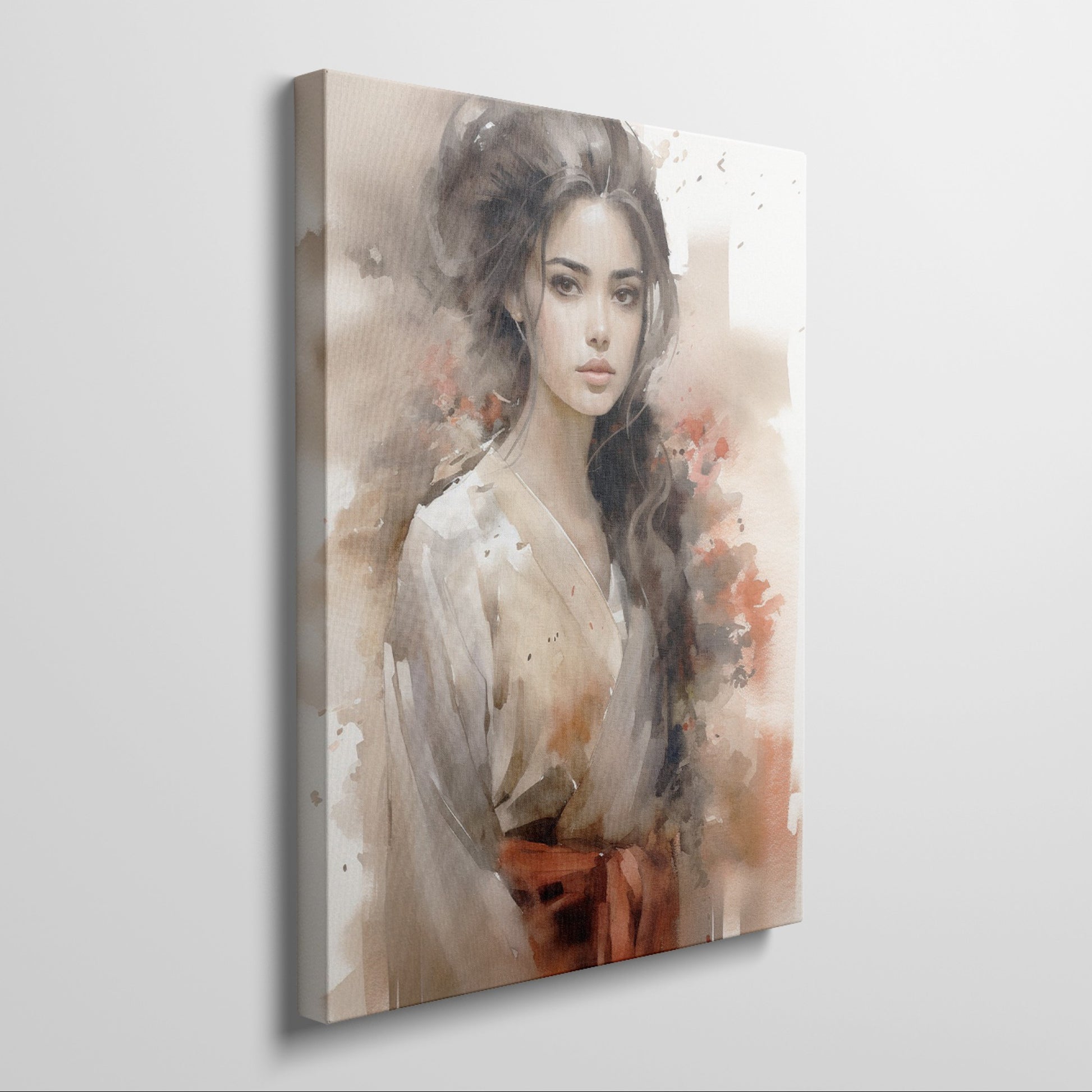 Framed canvas print of a sophisticated watercolour portrait of a woman in a traditional kimono