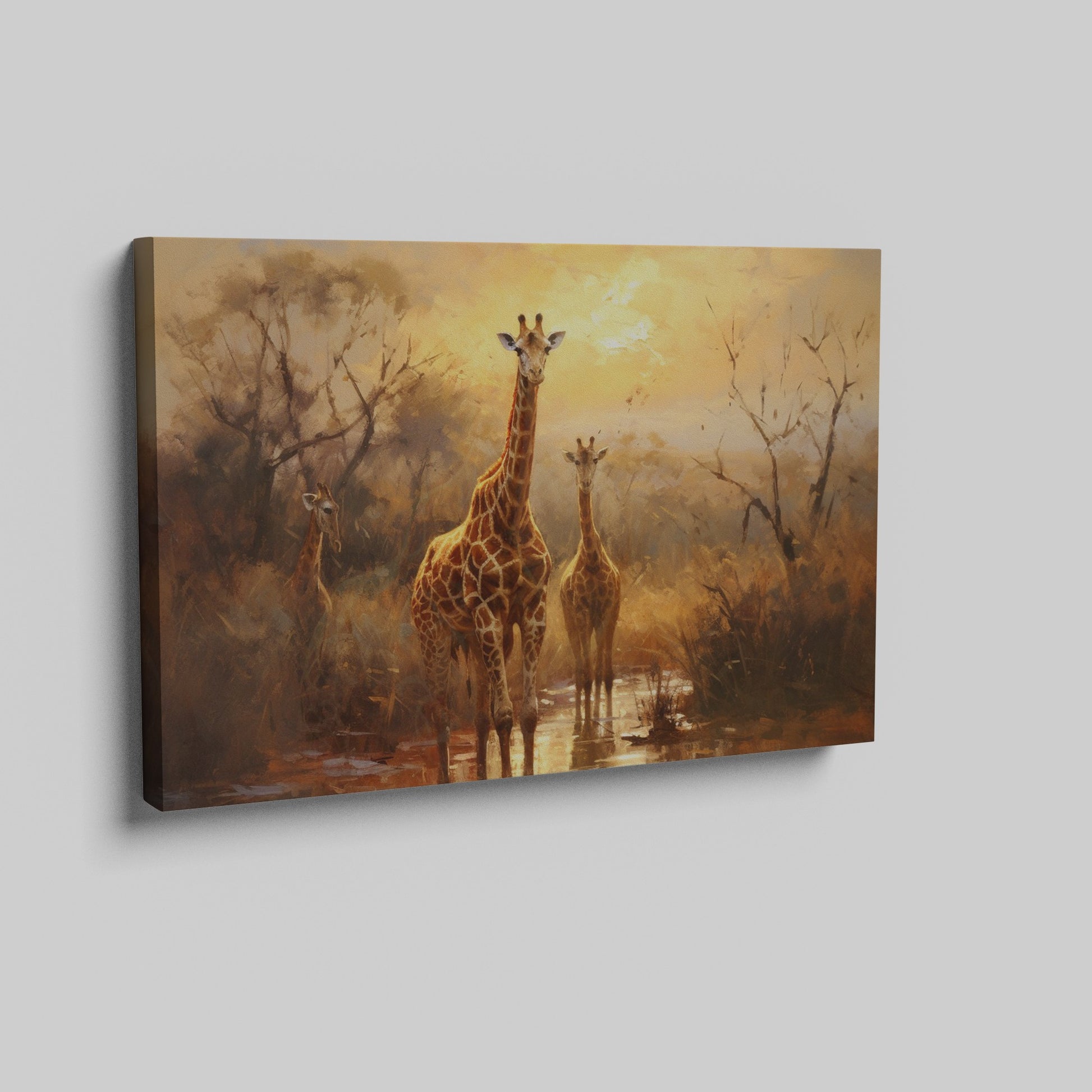 Framed canvas print of a family of giraffes in the savannah during sunset with warm tones