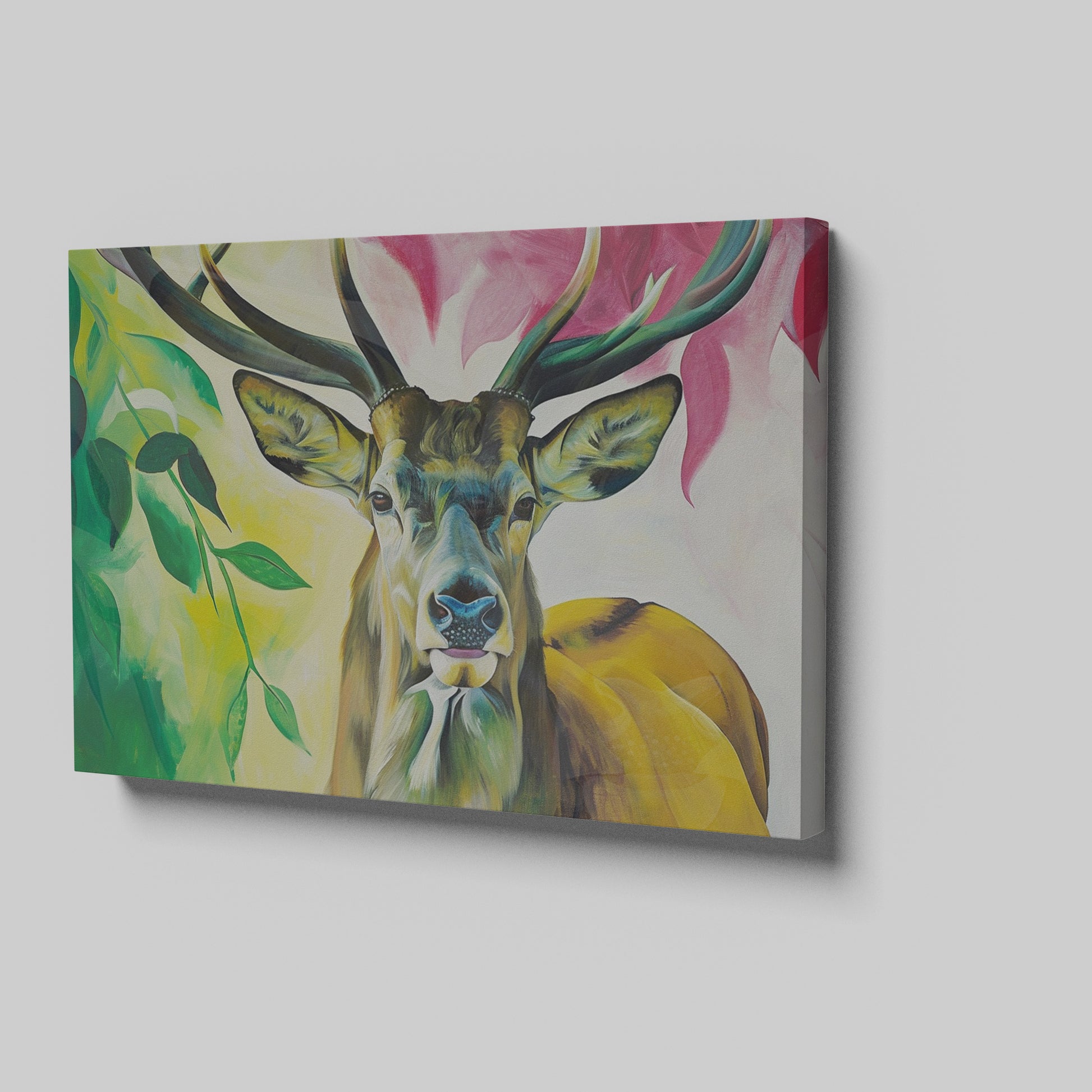 Framed canvas print of a colourful, modern artistic depiction of a stag with vibrant hues.