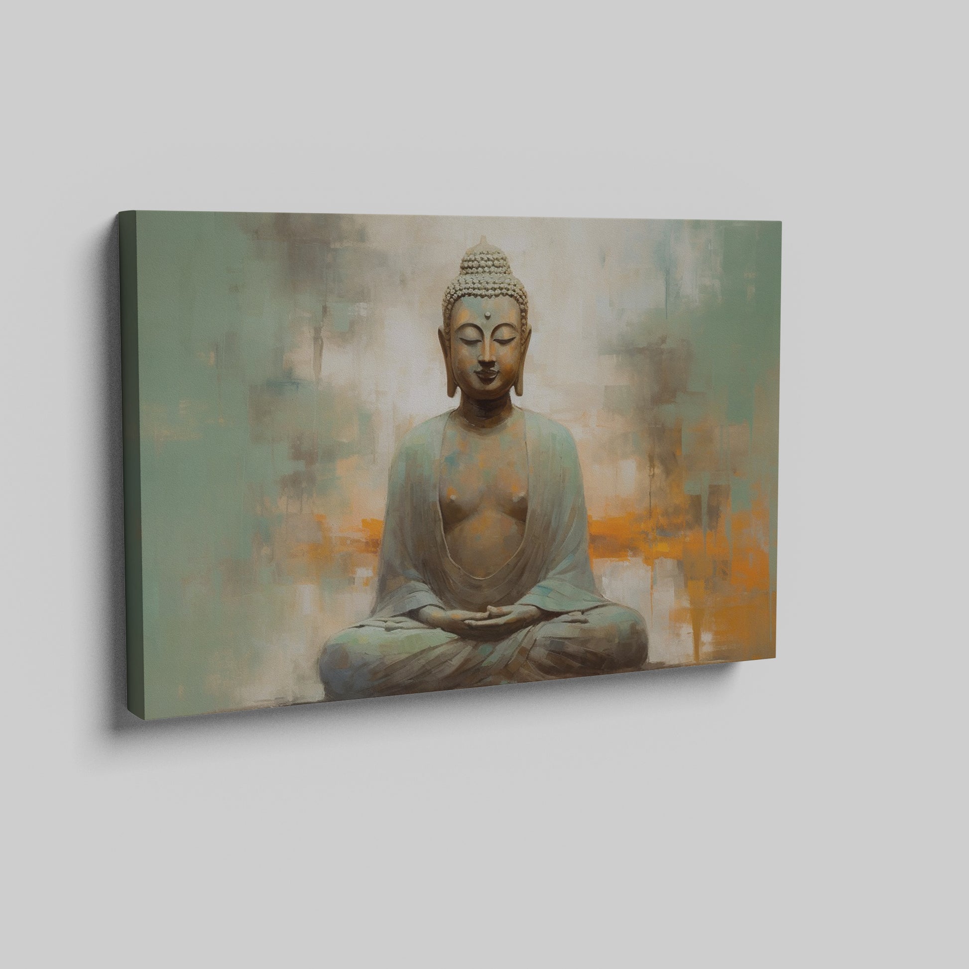 Framed canvas print of serene Buddha in meditation with abstract earthy background